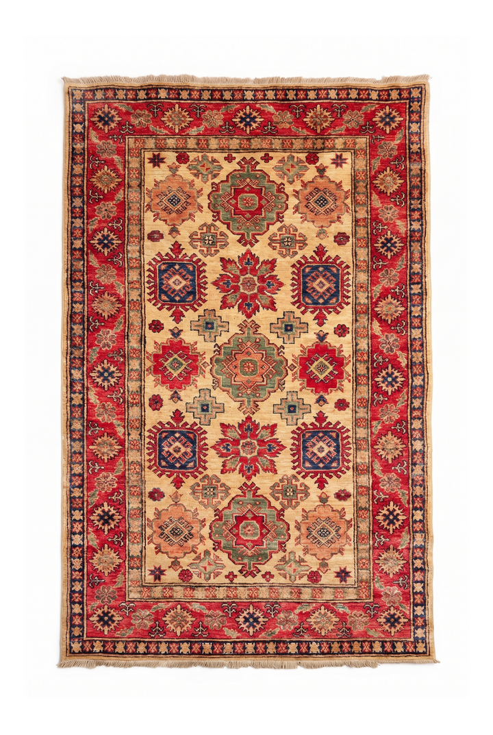 Gold &amp; Red Sunburst Medallion Rug, Hand-Knotted Afghani Sherwan