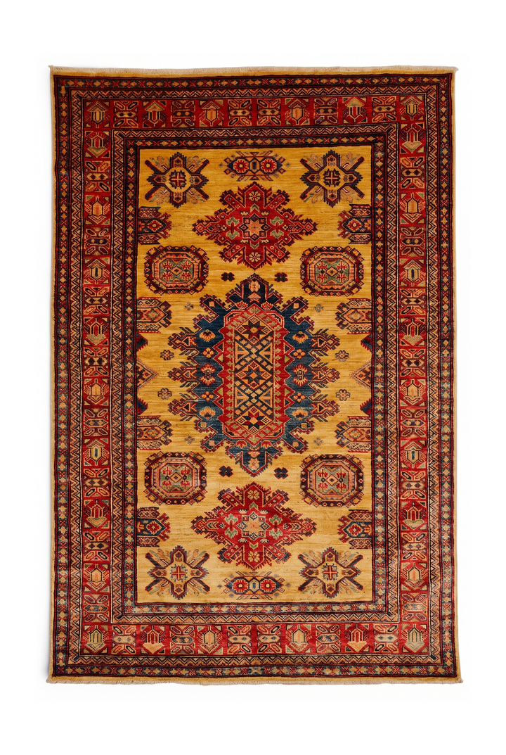 Gold &amp; Navy Tribal Medallion Rug, Hand-Knotted Afghani Sherwan