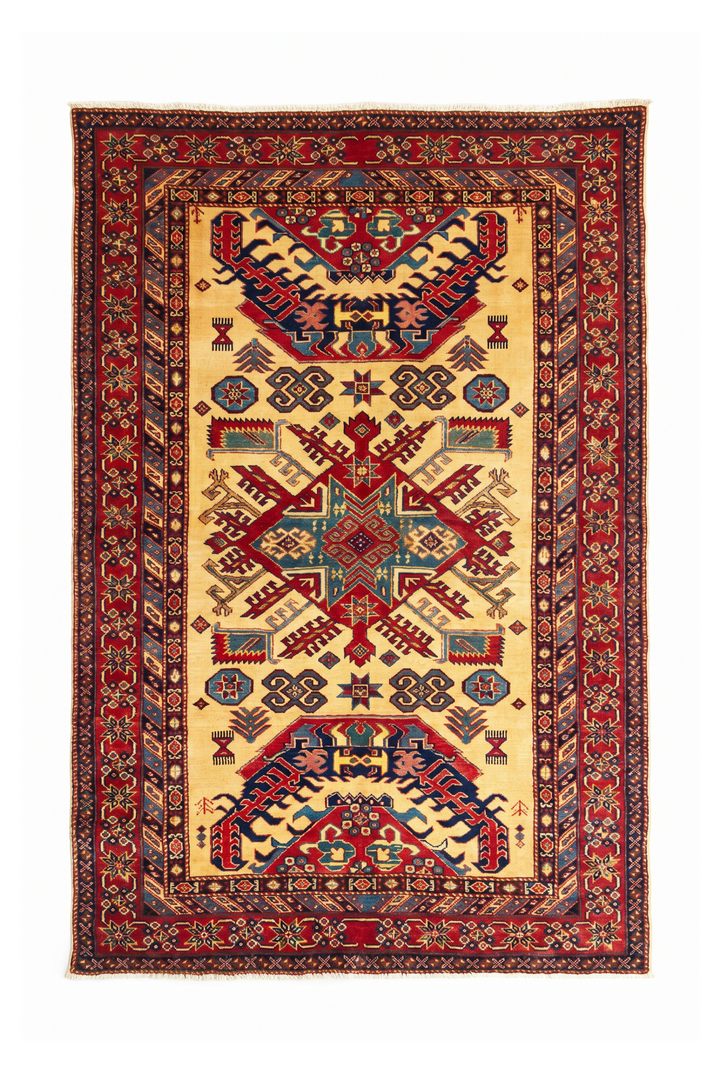 Ivory &amp; Red Sunburst Medallion Rug, Hand-Knotted Afghani Sherwan