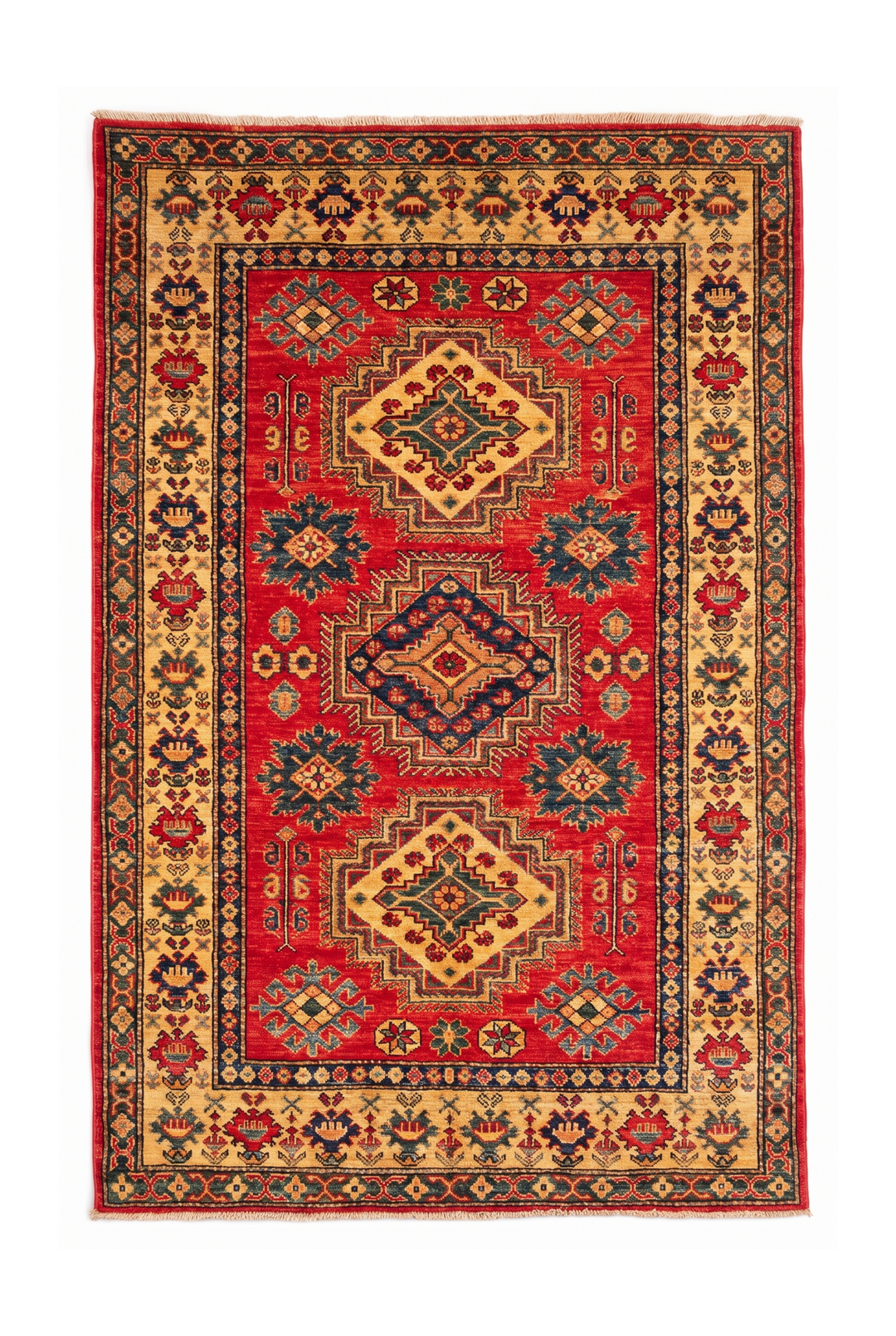 Red &amp; Gold Medallion Kazak Rug, Hand-Knotted Afghan Wool