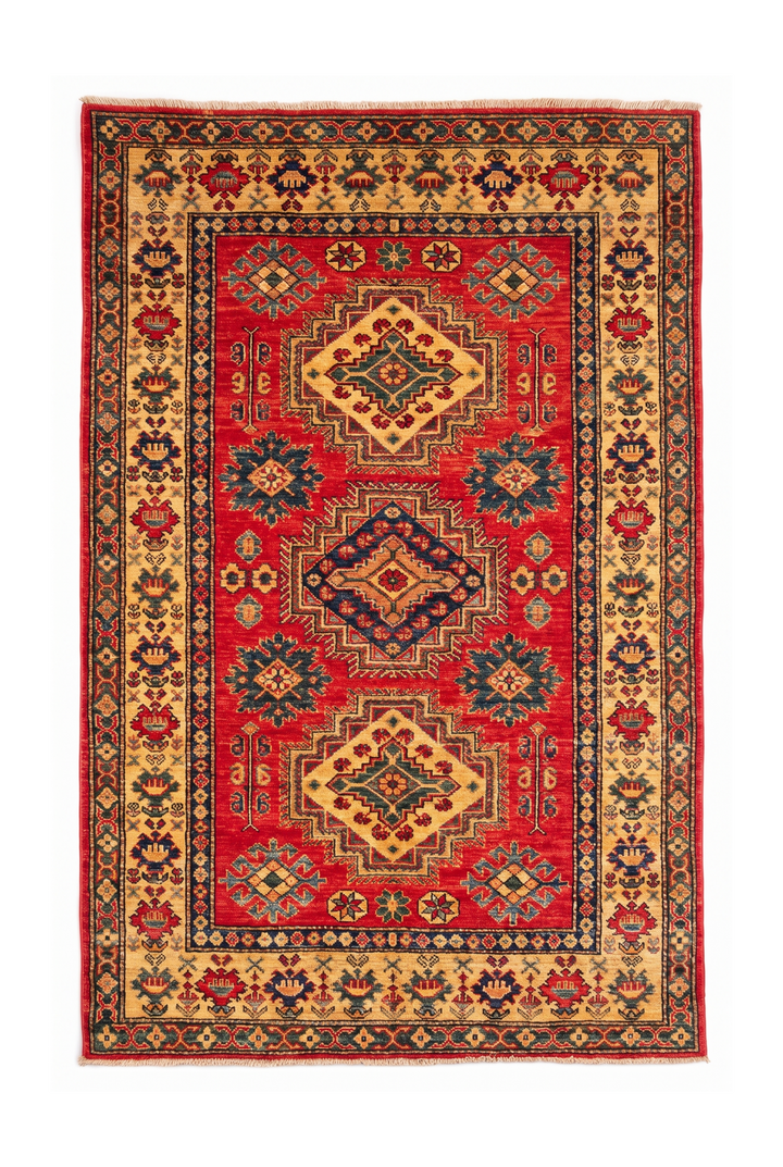 Red &amp; Gold Medallion Kazak Rug, Hand-Knotted Afghan Wool