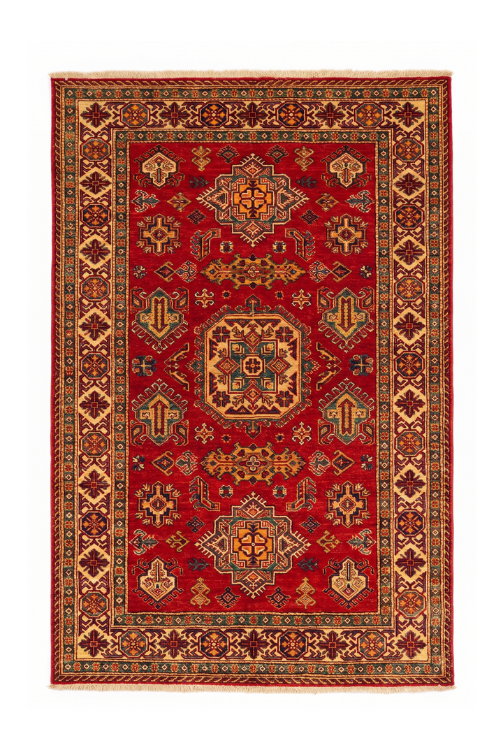 Red &amp; Gold Gül Kazak Rug, Hand-Knotted Afghan Wool
