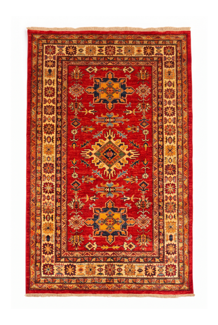 Red &amp; Gold Star Kazak Rug, Hand-Knotted Afghan Wool