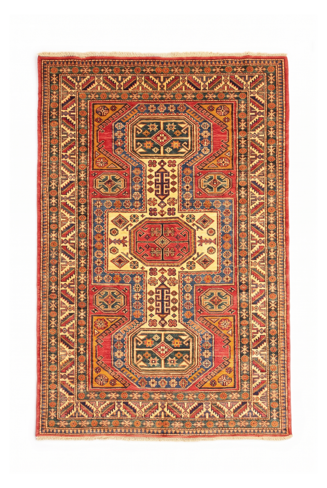 Red &amp; Gold Octagon Kazak Rug, Hand-Knotted Afghan Wool
