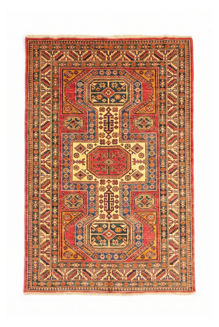 Red &amp; Gold Octagon Kazak Rug, Hand-Knotted Afghan Wool