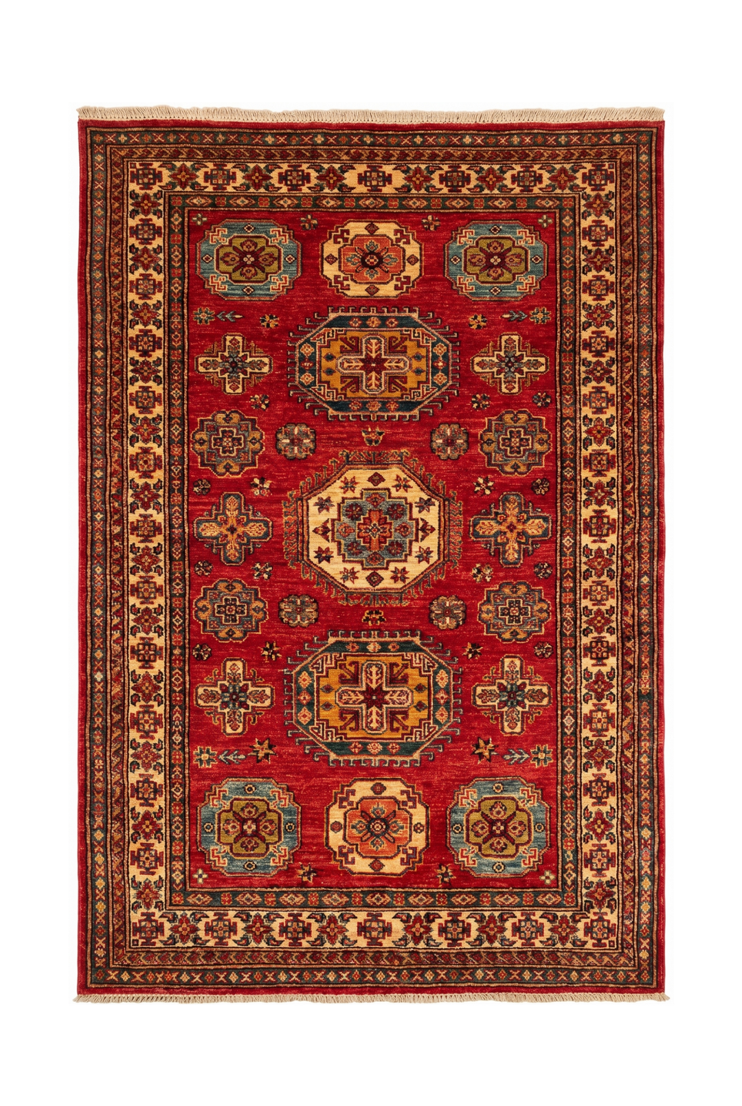 Red &amp; Teal Tribal Kazak Rug, Hand-Knotted Afghan Wool