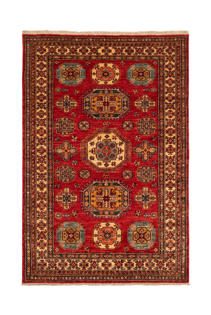 Red &amp; Teal Tribal Kazak Rug, Hand-Knotted Afghan Wool