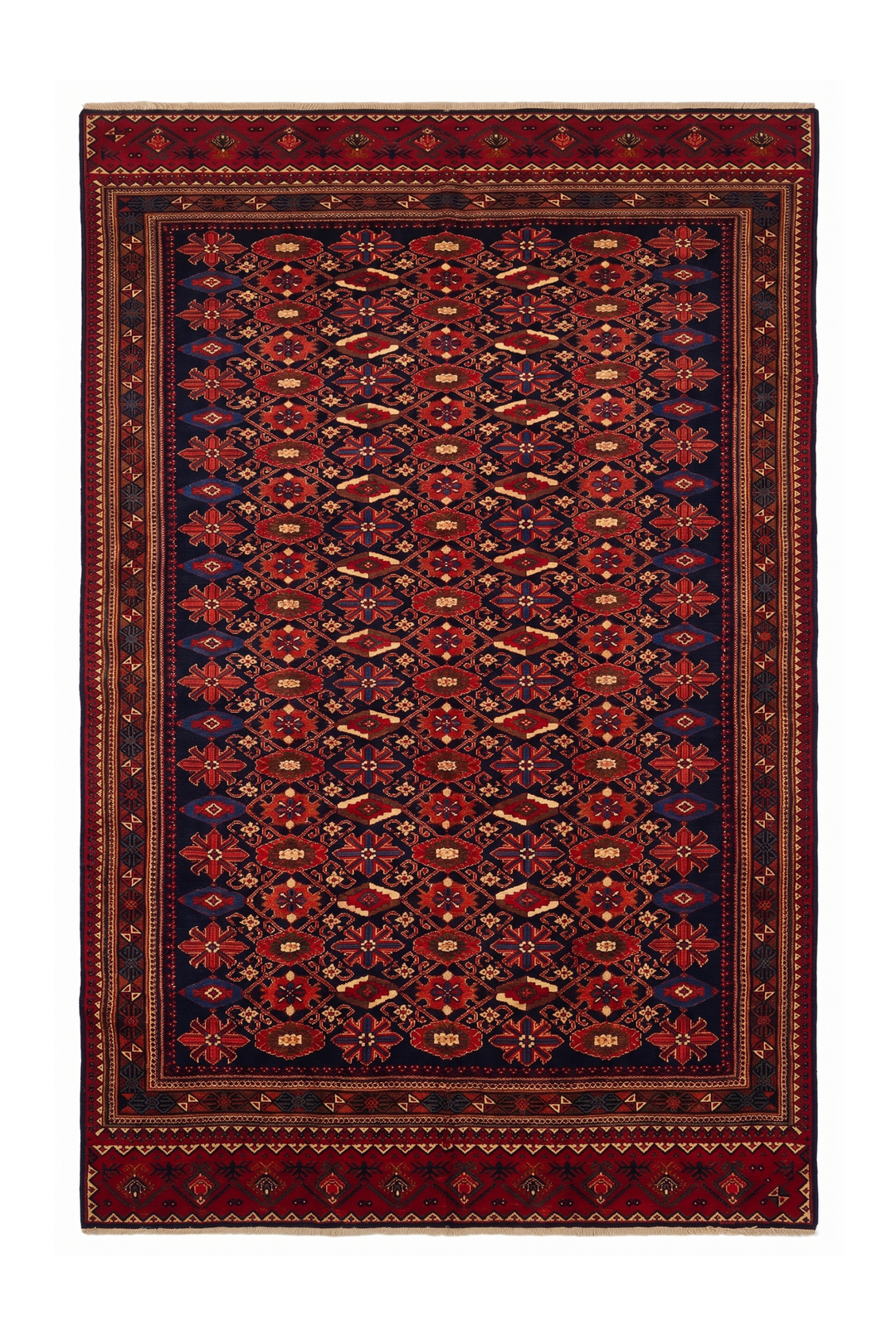 Indigo &amp; Red All-Over Floral Rug, Hand-Knotted Afghani Sherwan