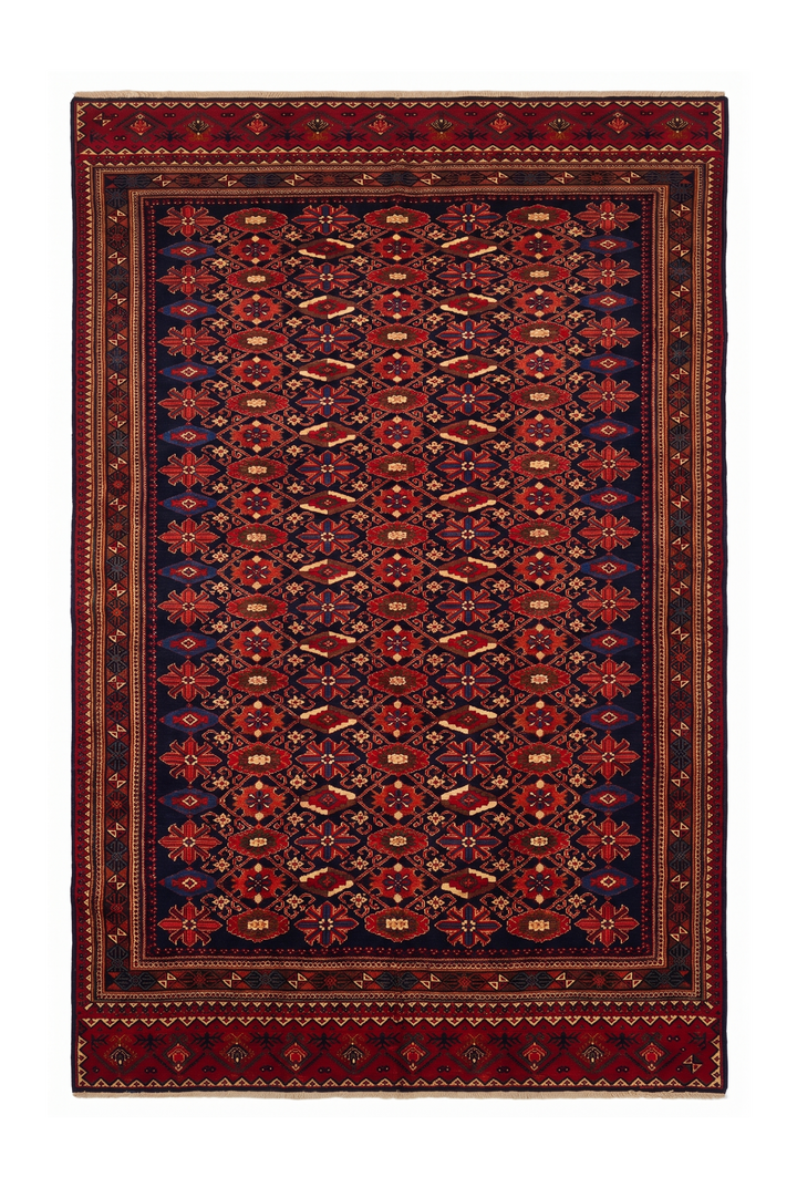 Indigo &amp; Red All-Over Floral Rug, Hand-Knotted Afghani Sherwan