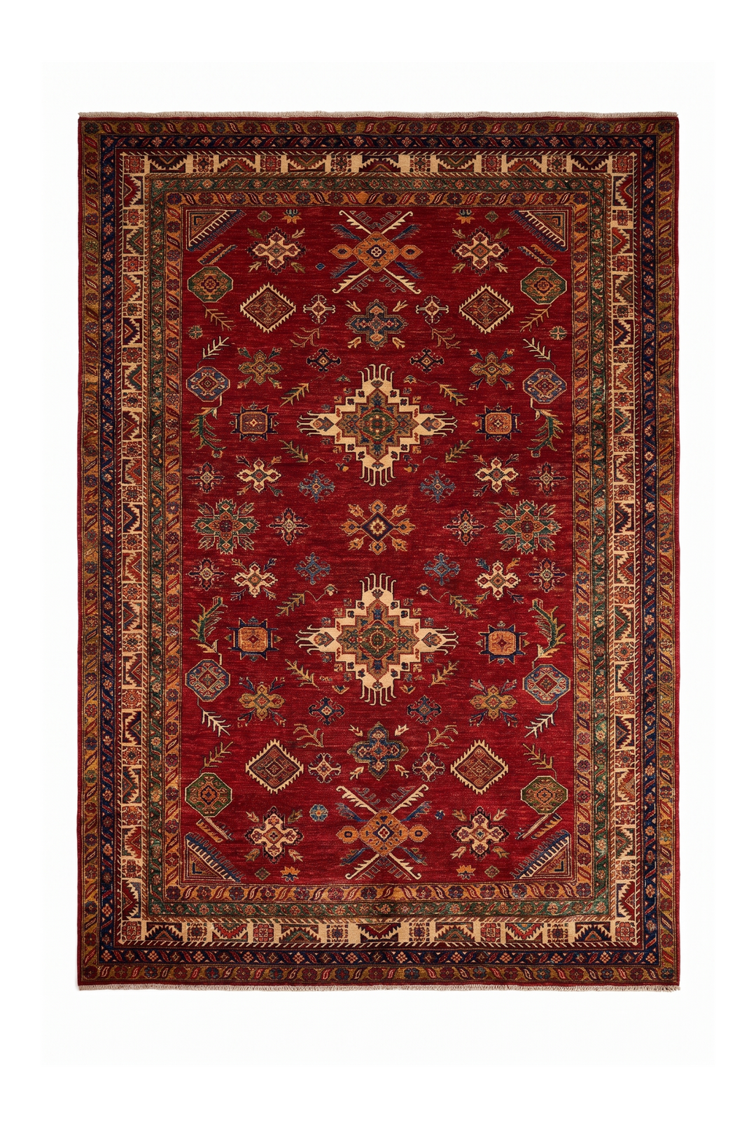 Red &amp; Gold Tribal Kazak Rug, Hand-Knotted Afghan Wool