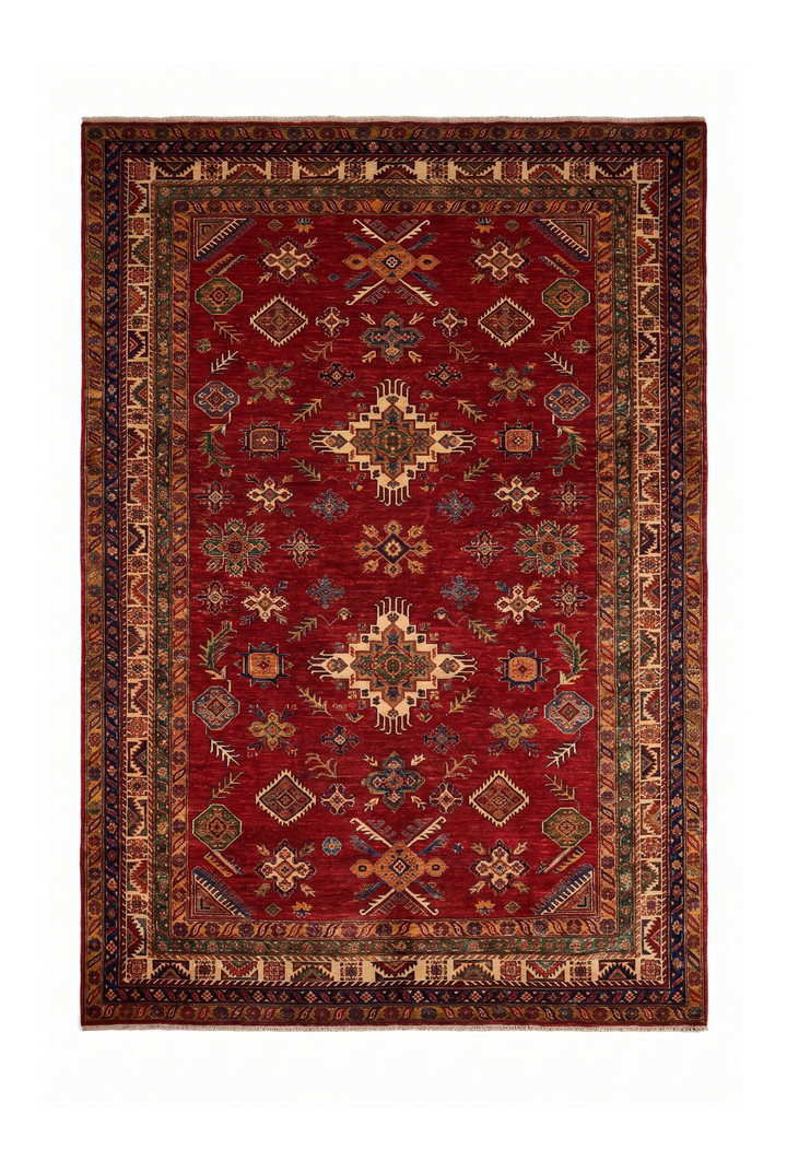Red &amp; Gold Tribal Kazak Rug, Hand-Knotted Afghan Wool
