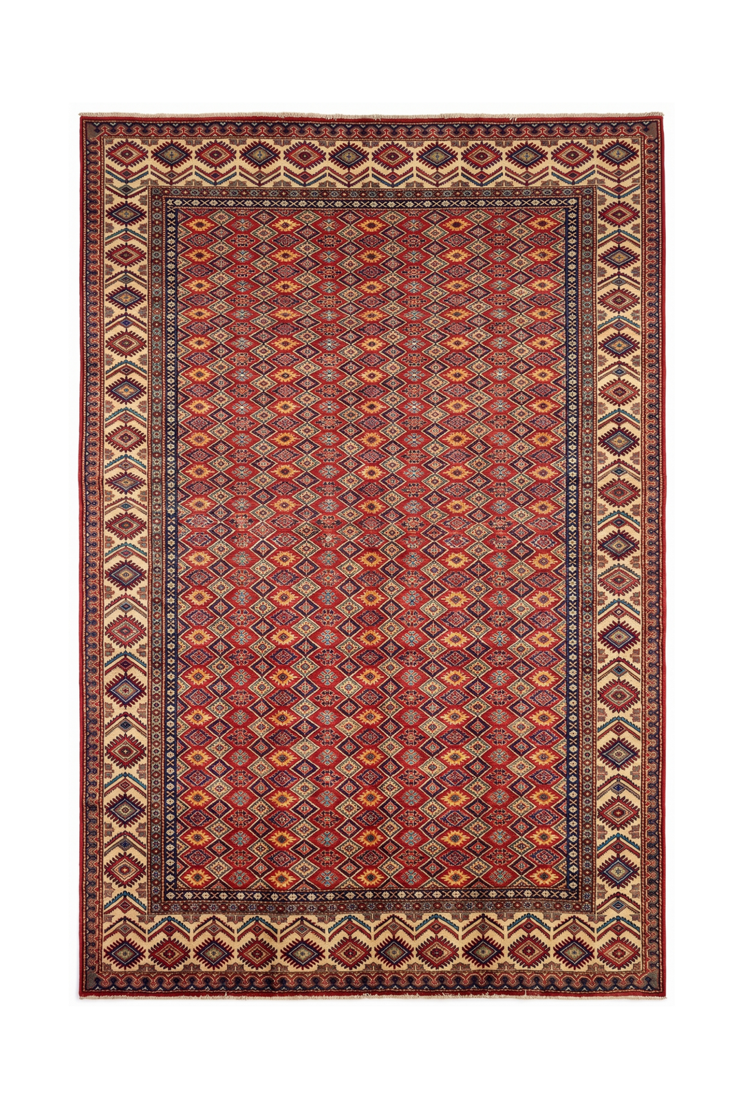 Red All-Over Diamond Lattice Rug, Hand-Knotted Afghani Sherwan