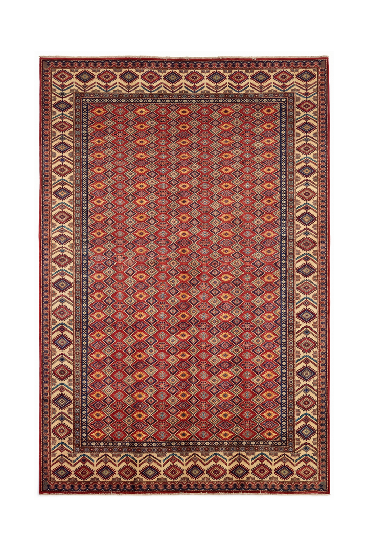 Red All-Over Diamond Lattice Rug, Hand-Knotted Afghani Sherwan