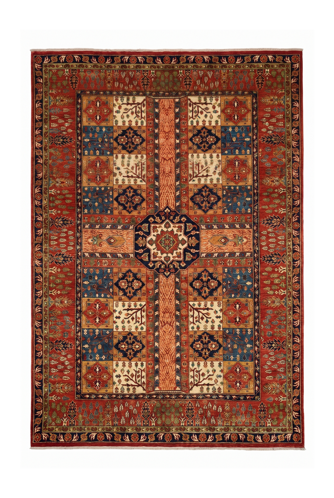 Red Bakhtiari Panel Ghazni, Hand-Knotted Afghan Wool Rug