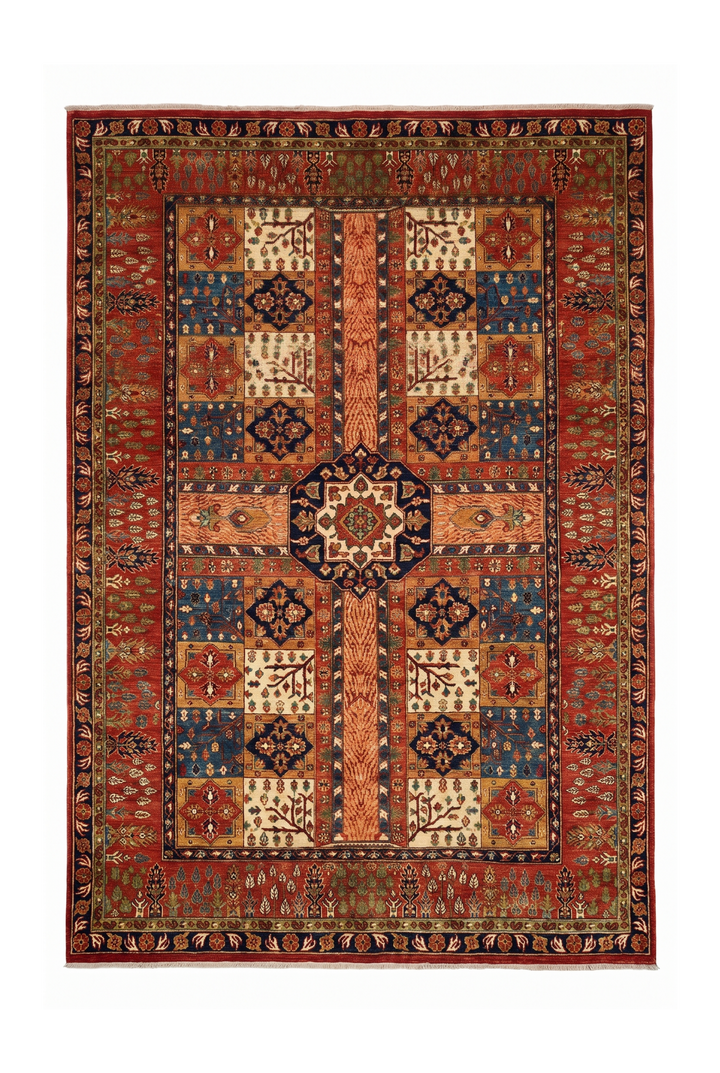Red Bakhtiari Panel Ghazni, Hand-Knotted Afghan Wool Rug