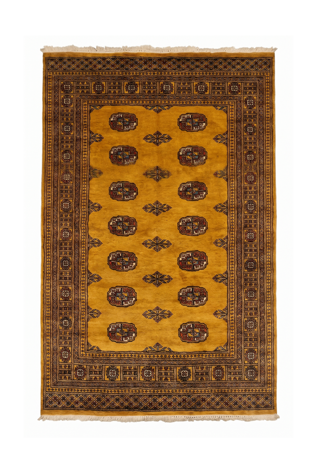 Amber Gold Turkmen Gül Bokhara Rug, Hand-Knotted Pakistani Wool