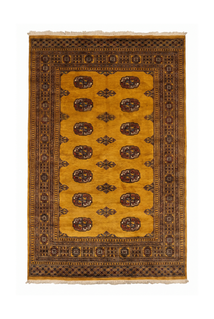 Amber Gold Turkmen Gül Bokhara Rug, Hand-Knotted Pakistani Wool