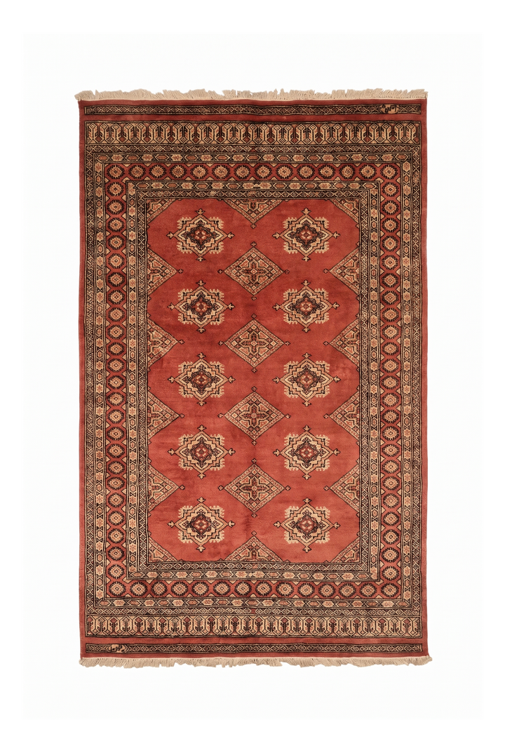 Terracotta Rust Diamond Gül Jaldar Rug, Hand-Knotted Pakistani Wool