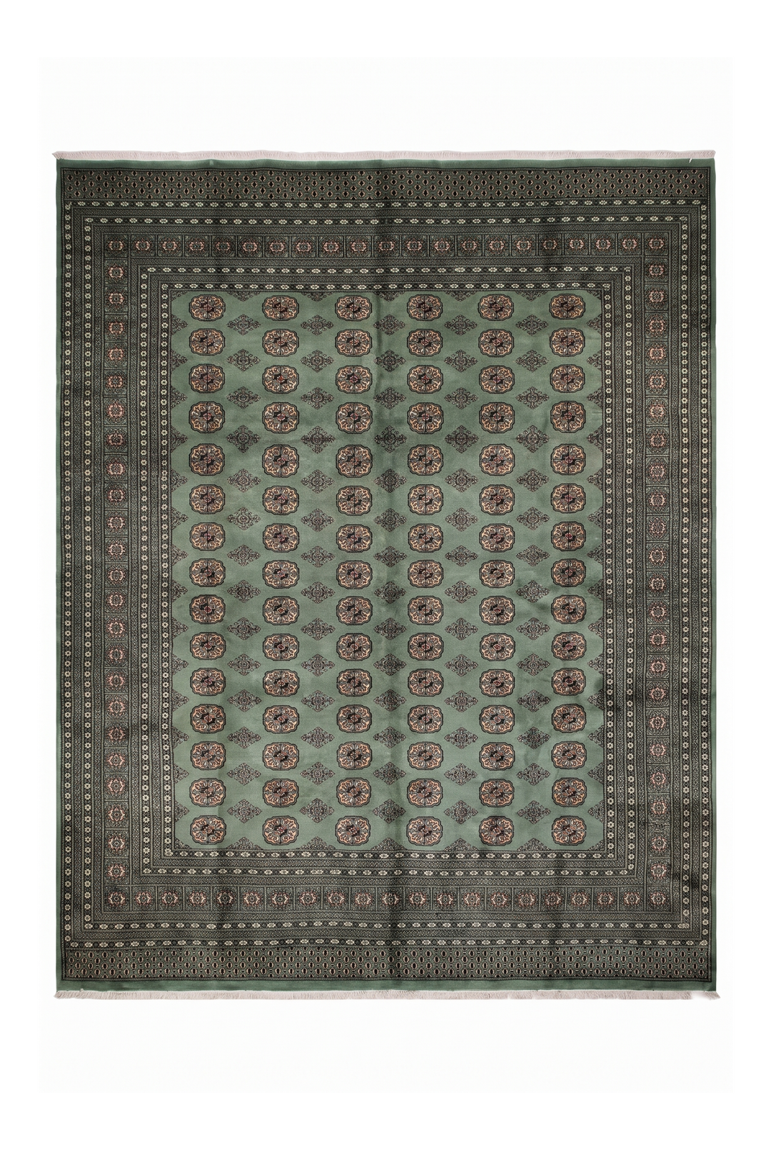Sage Green Turkmen Gül Bokhara Square Rug, Hand-Knotted Pakistani Wool