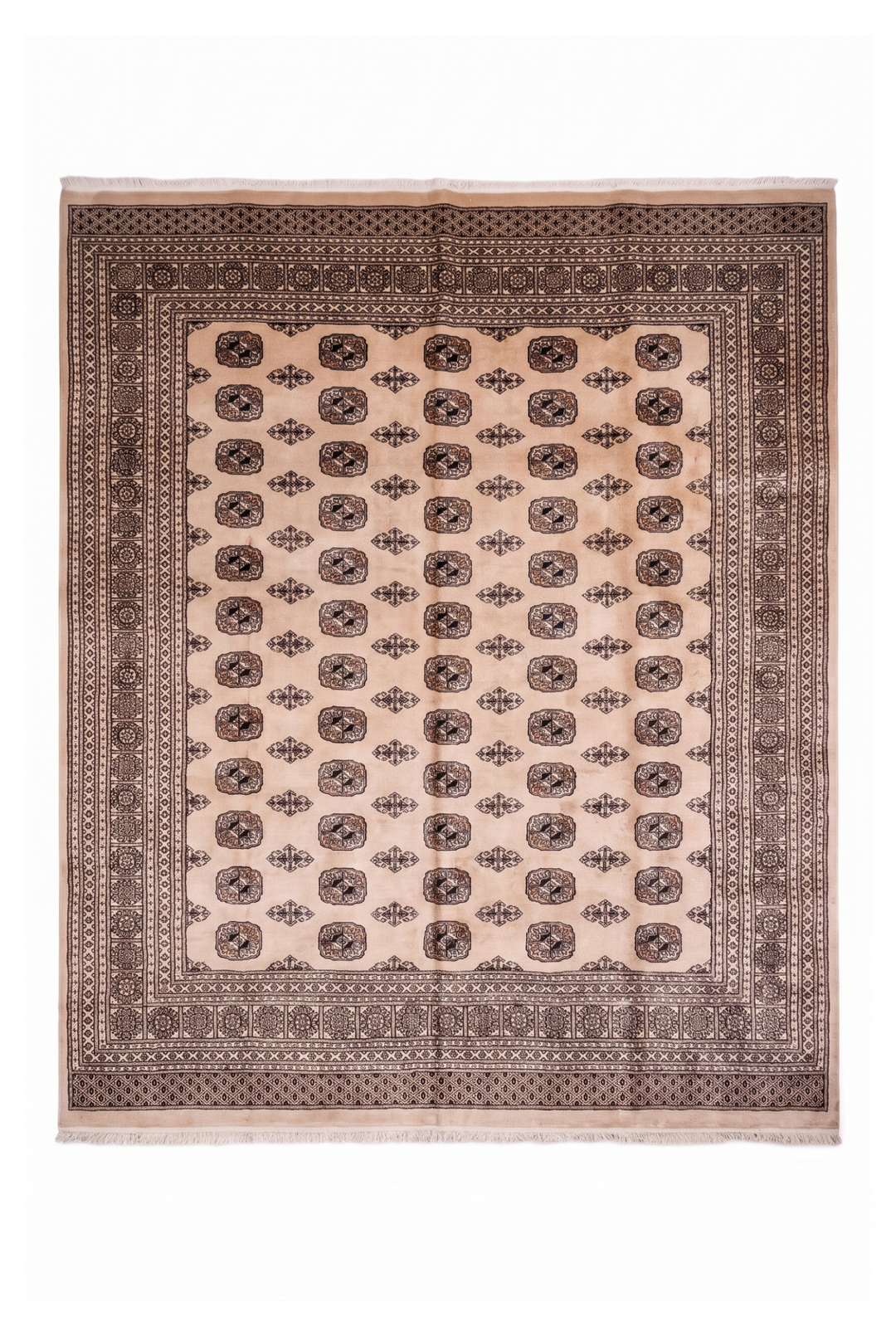 Warm Beige Turkmen Gül Bokhara Rug, Hand-Knotted Pakistani Wool
