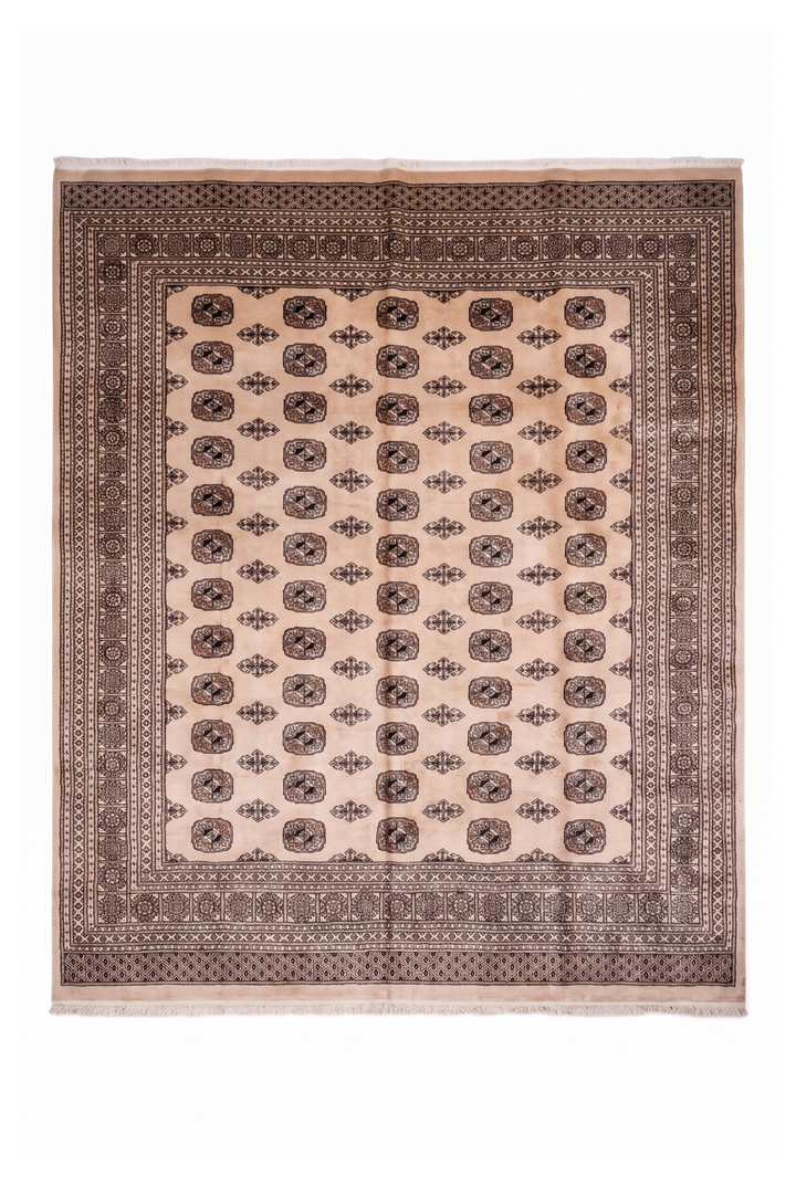 Warm Beige Turkmen Gül Bokhara Rug, Hand-Knotted Pakistani Wool