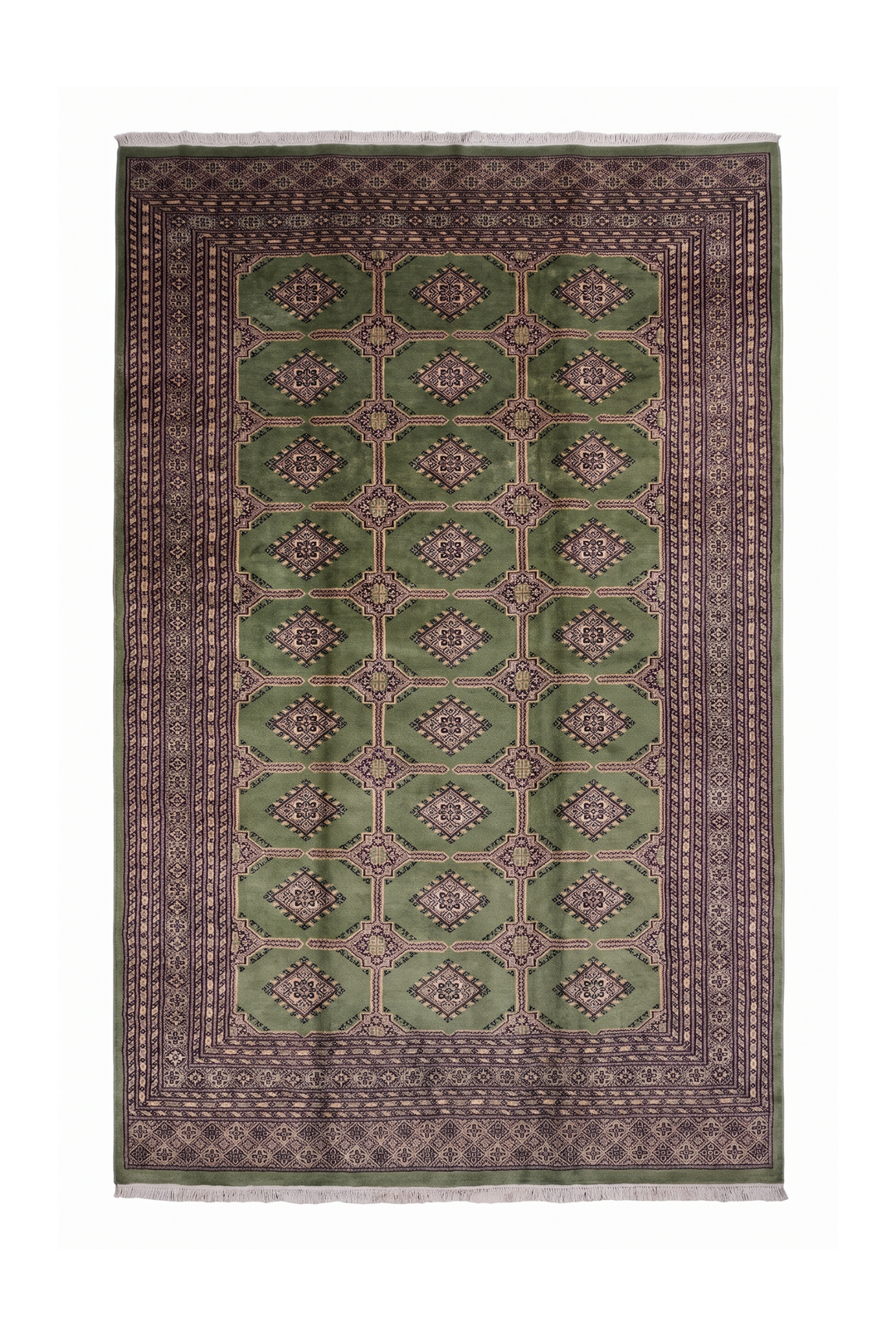 Moss Green Diamond Gül Jaldar Rug, Hand-Knotted Pakistani Wool
