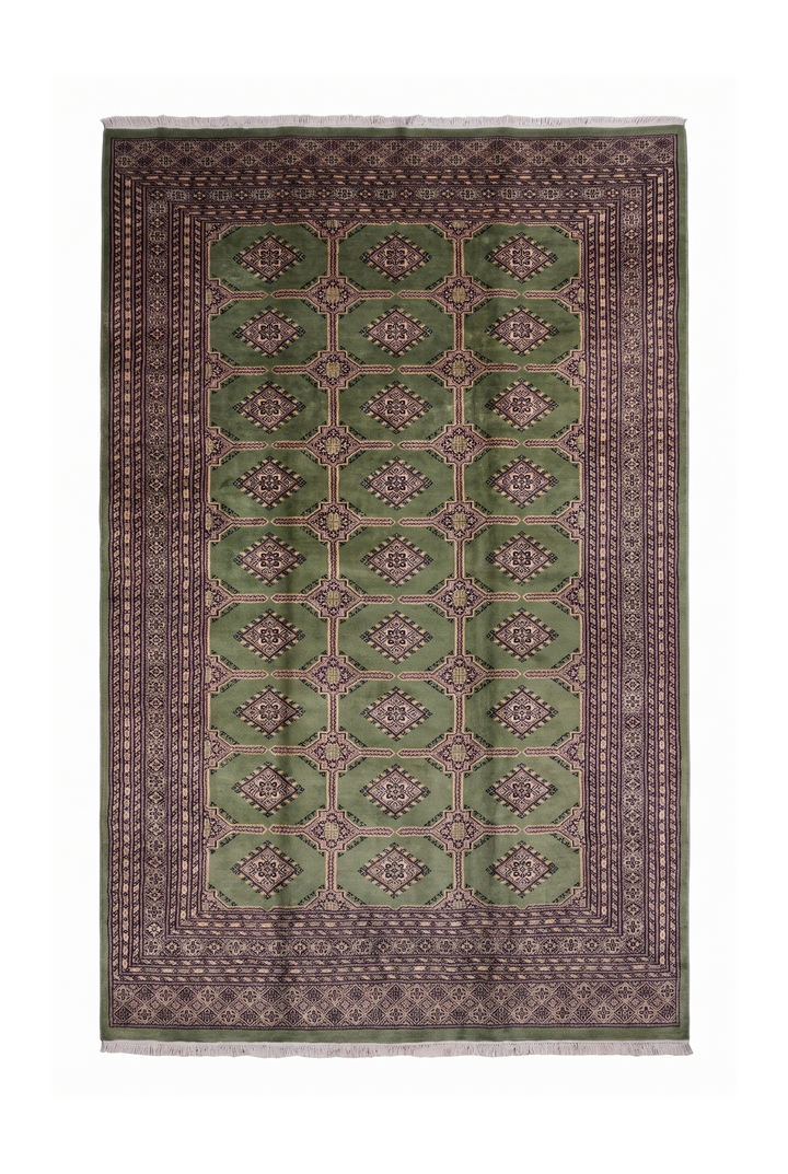 Moss Green Diamond Gül Jaldar Rug, Hand-Knotted Pakistani Wool