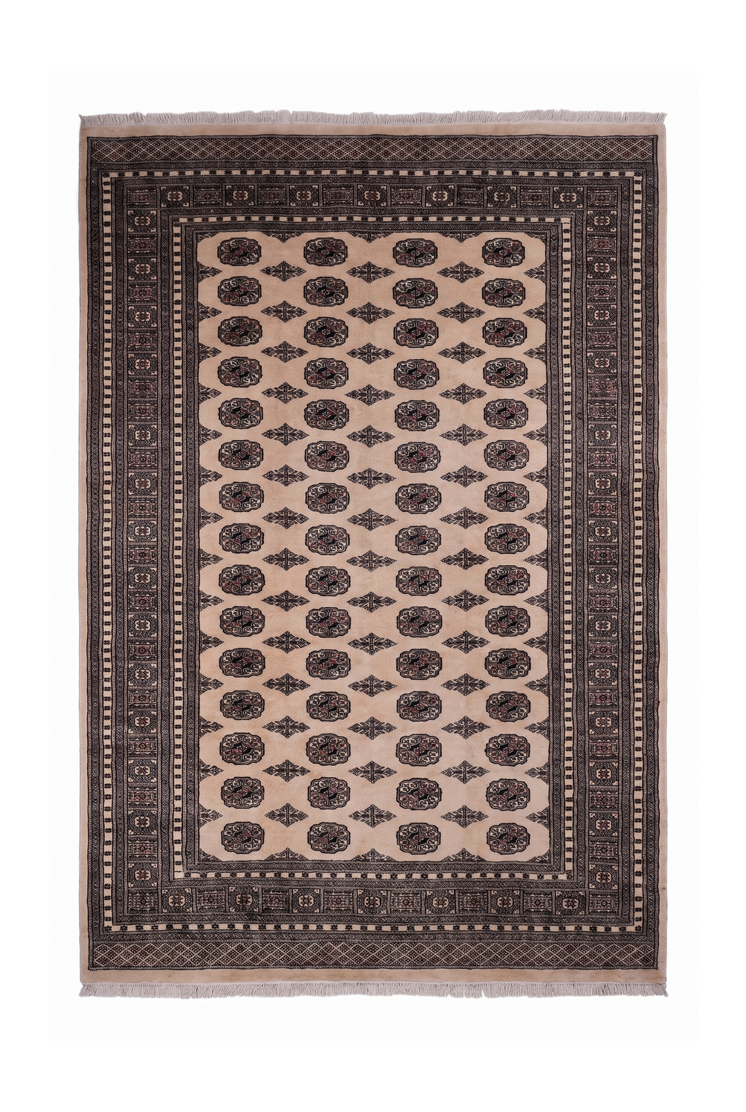 Cream Turkmen Gül Bokhara Rug, Hand-Knotted Pakistani Wool