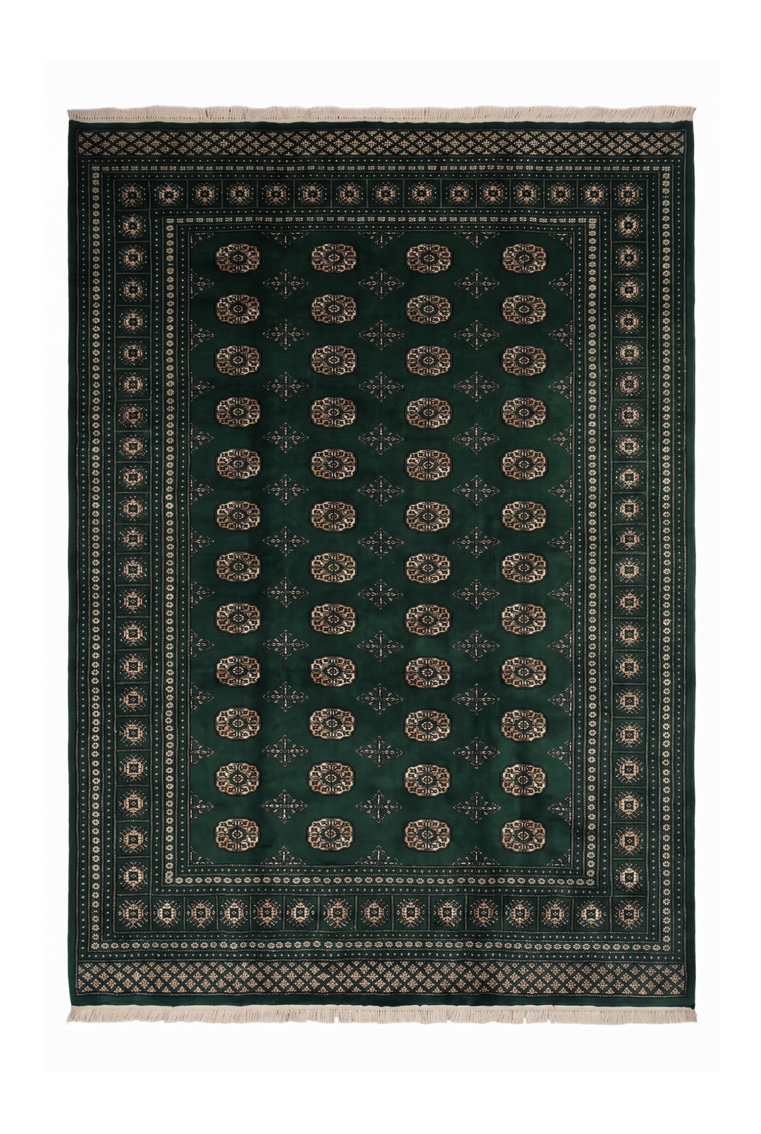 Forest Green Turkmen Gül Bokhara Rug, Hand-Knotted Pakistani Wool