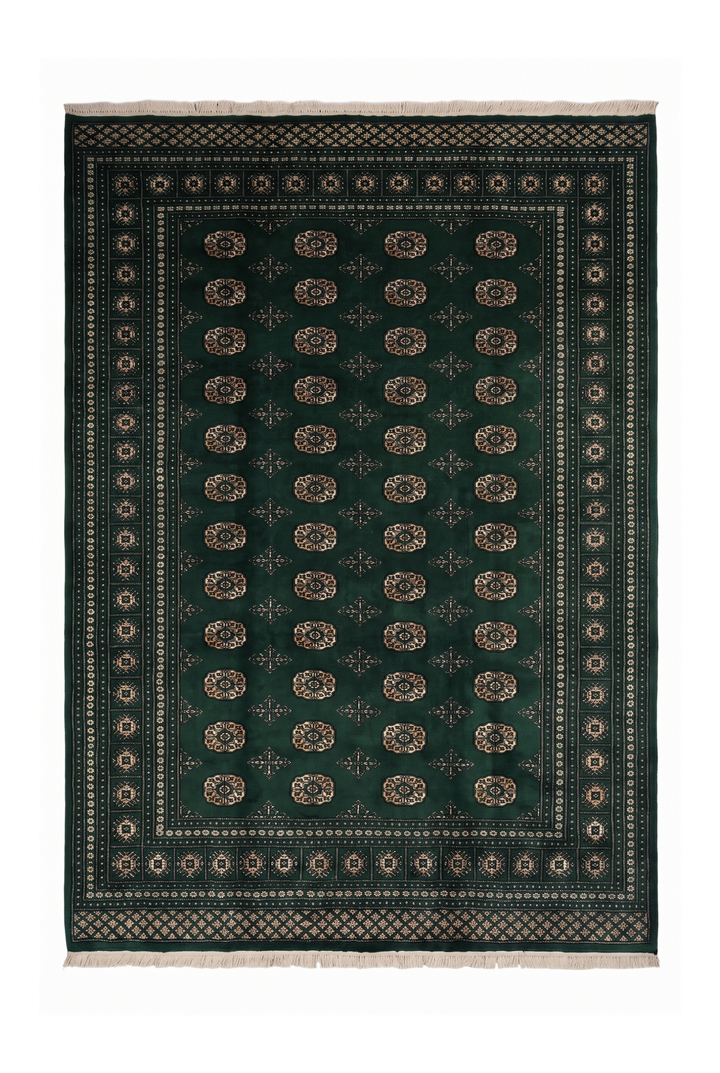Forest Green Turkmen Gül Bokhara Rug, Hand-Knotted Pakistani Wool