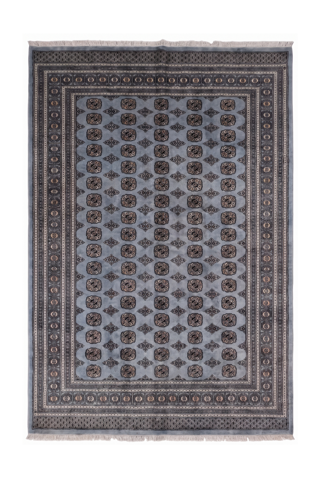 Slate Grey Turkmen Gül Bokhara Rug, Hand-Knotted Pakistani Wool