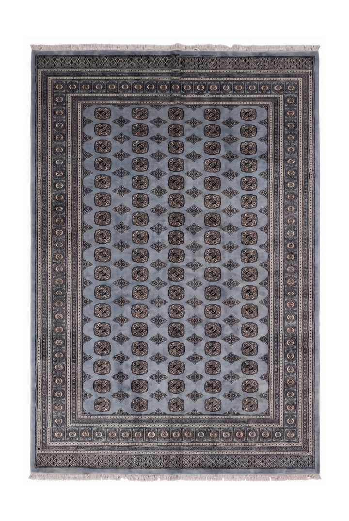 Slate Grey Turkmen Gül Bokhara Rug, Hand-Knotted Pakistani Wool