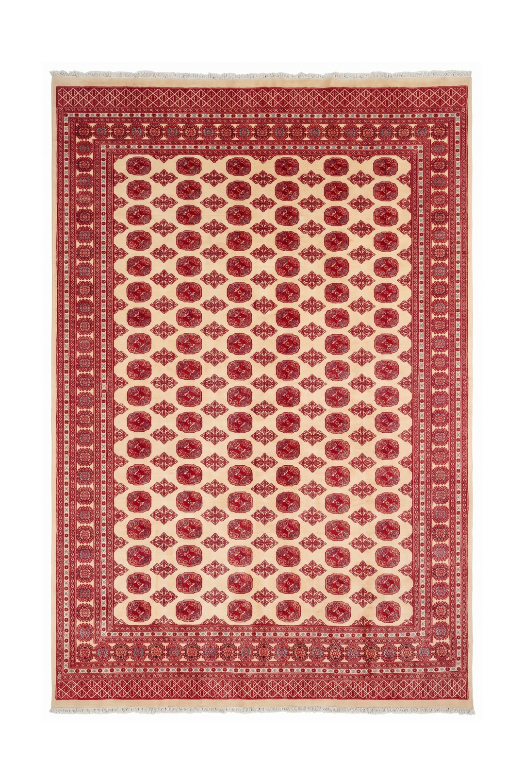 Cream &amp; Red Turkmen Gül Bokhara Rug, Hand-Knotted Pakistani Wool