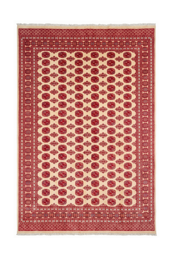 Cream &amp; Red Turkmen Gül Bokhara Rug, Hand-Knotted Pakistani Wool