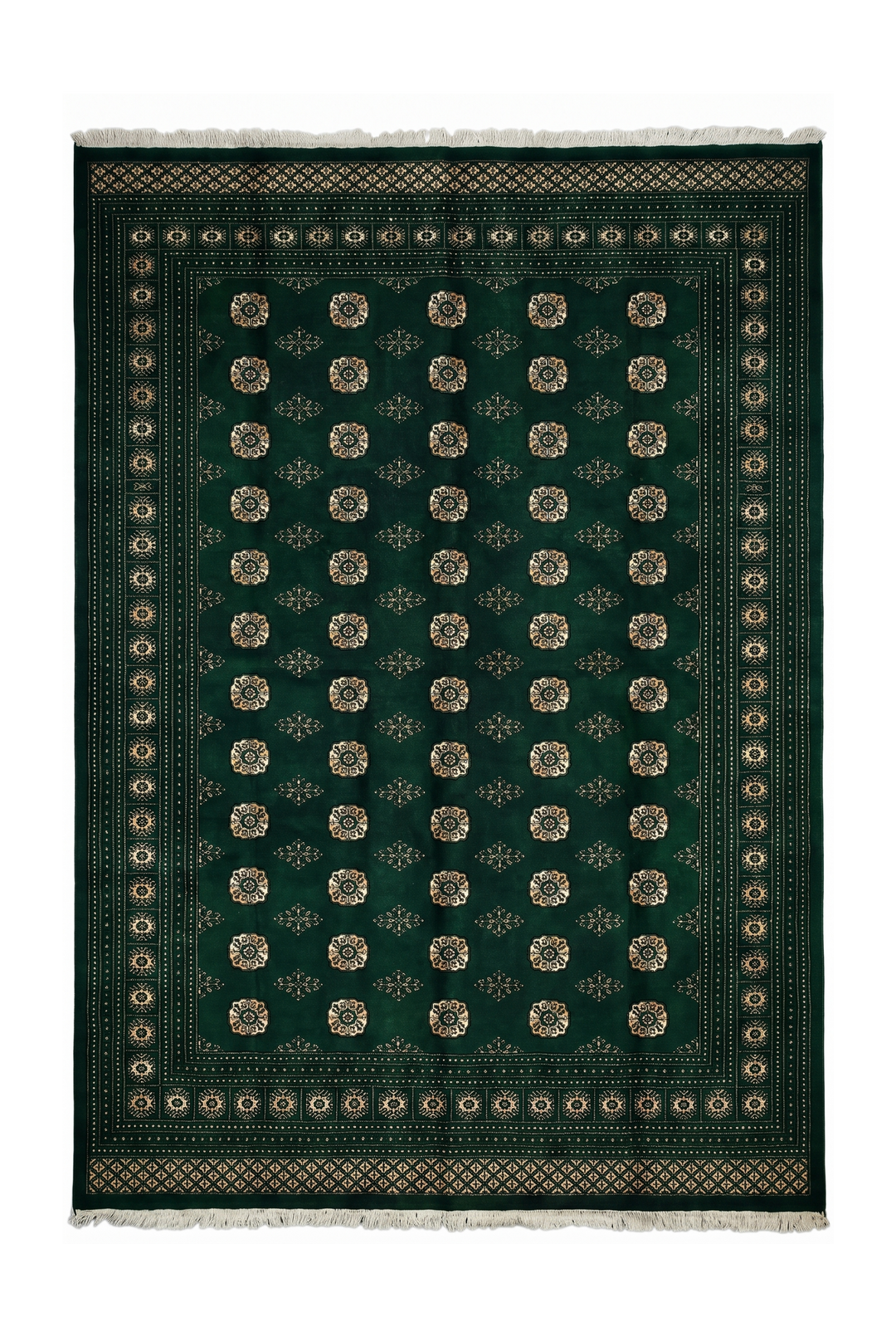 Emerald Green Turkmen Gül Bokhara Rug, Hand-Knotted Pakistani Wool
