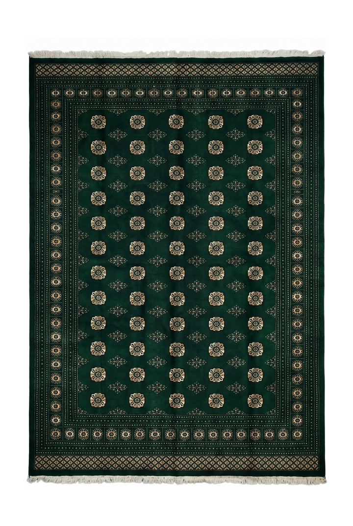 Emerald Green Turkmen Gül Bokhara Rug, Hand-Knotted Pakistani Wool
