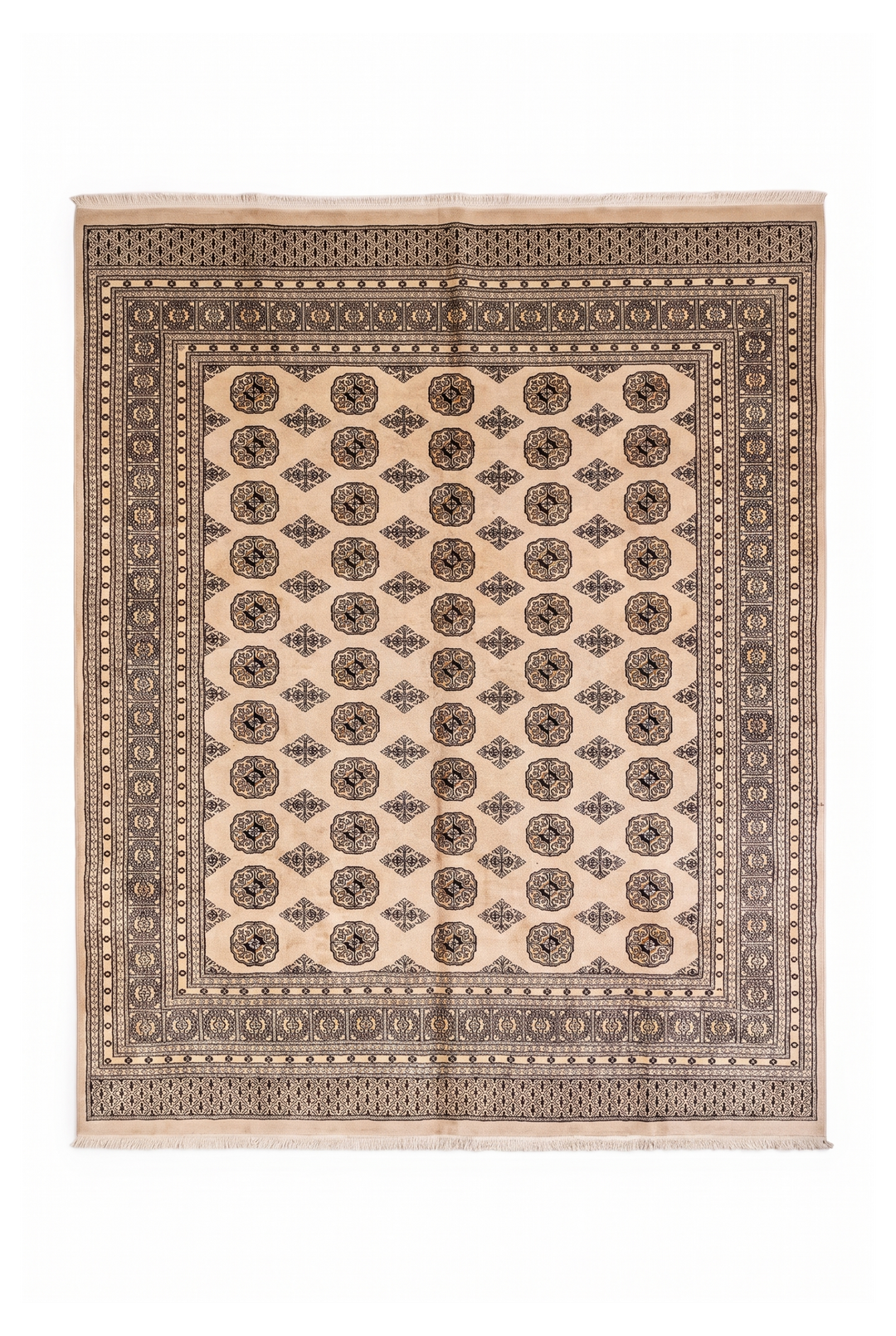 Sand Beige Turkmen Gül Bokhara Square Rug, Hand-Knotted Pakistani Wool