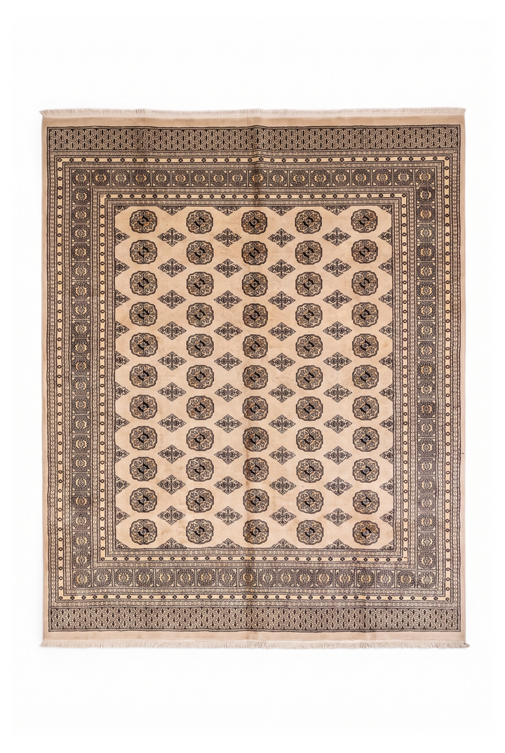 Sand Beige Turkmen Gül Bokhara Square Rug, Hand-Knotted Pakistani Wool