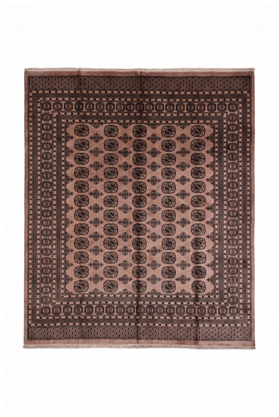 Dusty Taupe Turkmen Gül Bokhara Square Rug, Hand-Knotted Pakistani Wool