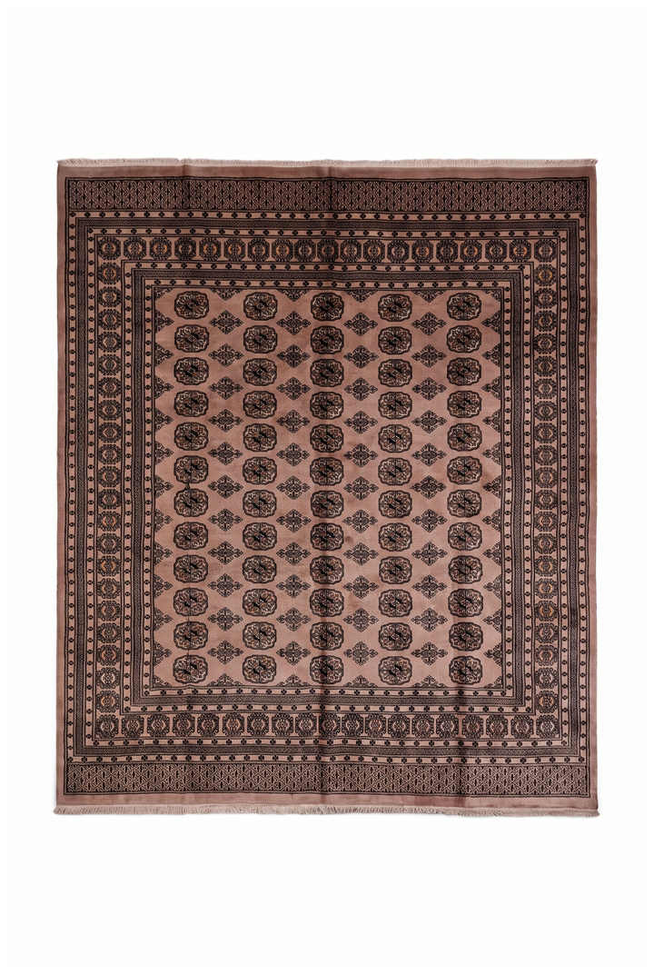 Dusty Taupe Turkmen Gül Bokhara Square Rug, Hand-Knotted Pakistani Wool