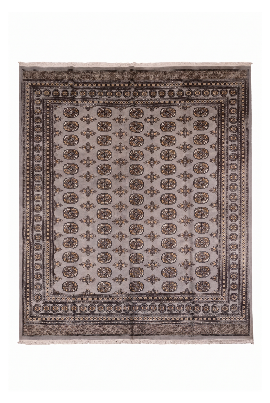 Warm Grey Turkmen Gül Bokhara Square Rug, Hand-Knotted Pakistani Wool