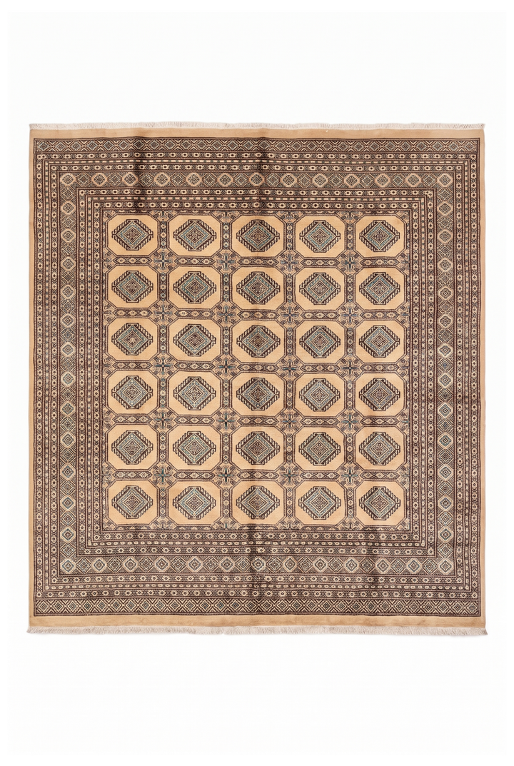 Camel Turkmen Gül Bokhara Square Rug, Hand-Knotted Pakistani Wool
