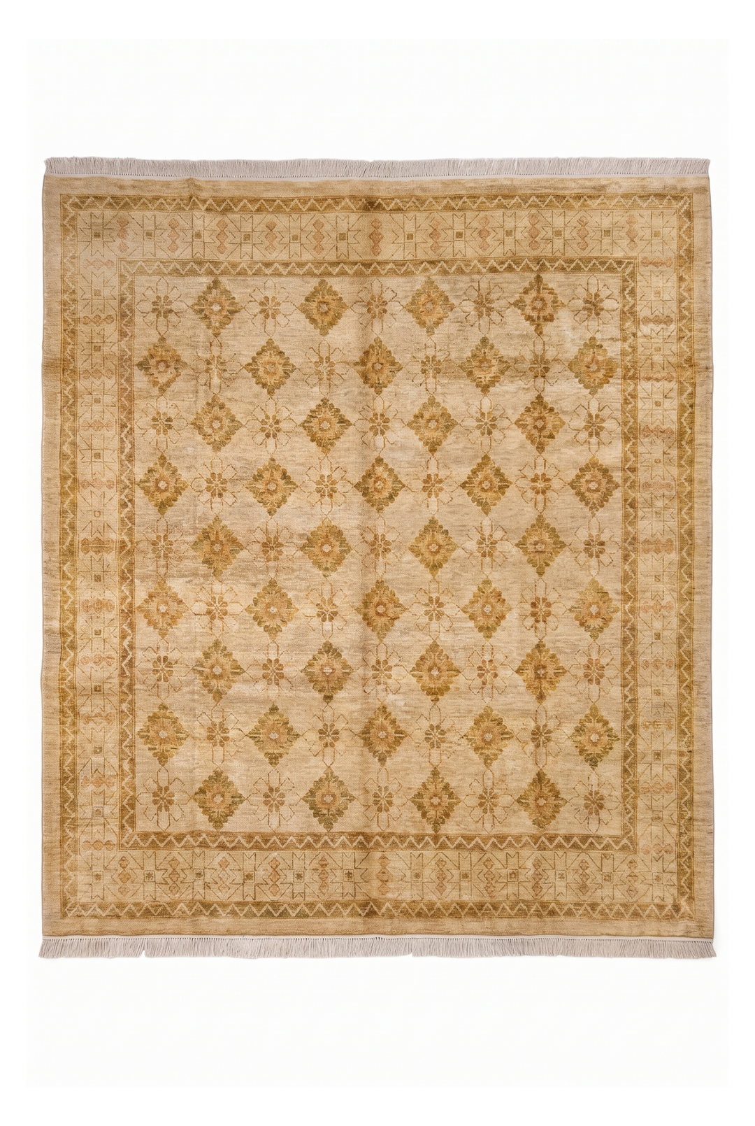 Wheat Gold Diamond-Lattice Ghazni, Hand-Knotted Afghan Wool Rug