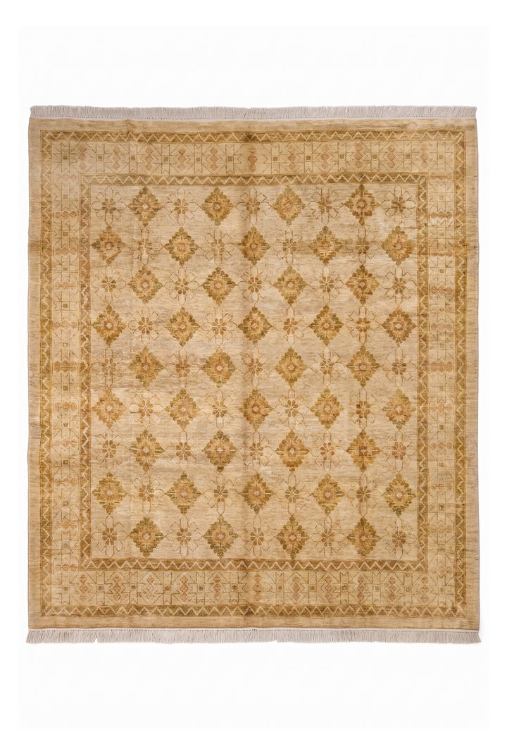 Wheat Gold Diamond-Lattice Ghazni, Hand-Knotted Afghan Wool Rug