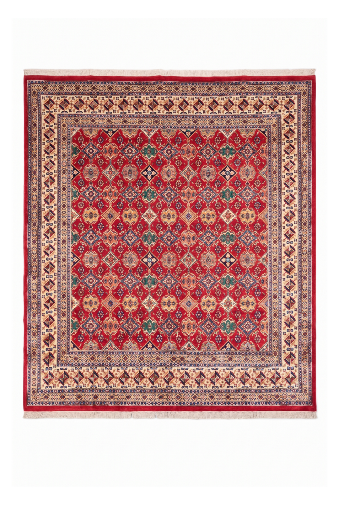 Red Polychrome Lattice Jaldar Square Rug, Hand-Knotted Pakistani Wool &amp; Silk