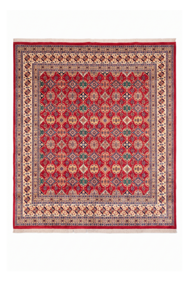 Red Polychrome Lattice Jaldar Square Rug, Hand-Knotted Pakistani Wool &amp; Silk