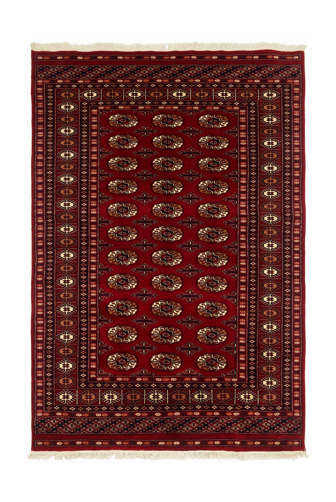 Oxblood Red Turkmen Gül Bokhara Rug, Hand-Knotted Pakistani Wool