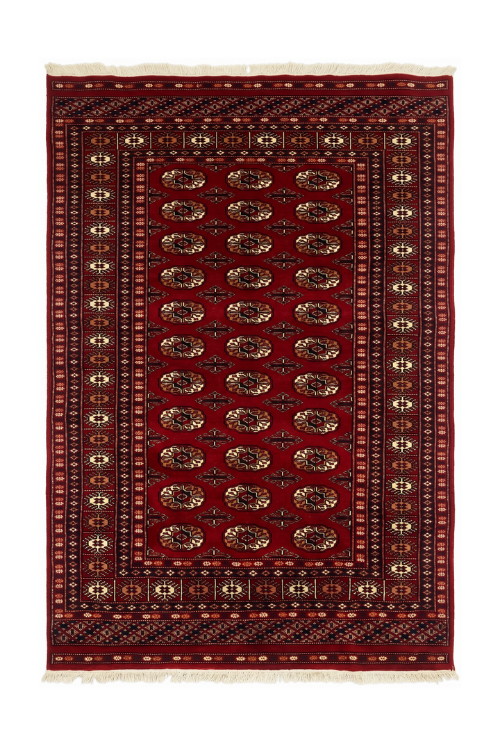 Oxblood Red Turkmen Gül Bokhara Rug, Hand-Knotted Pakistani Wool