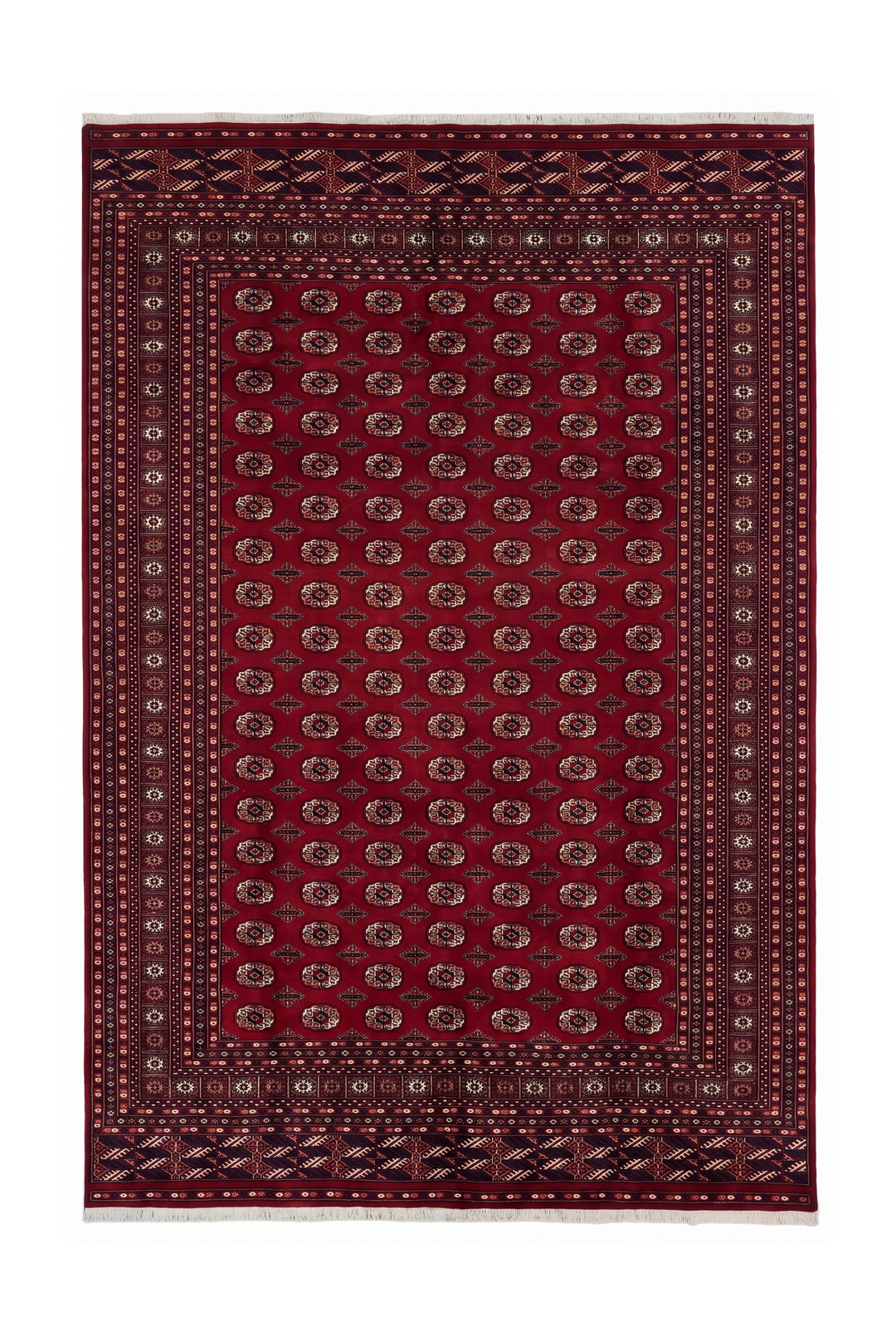 Madder Red Turkmen Gül Bokhara Rug, Hand-Knotted Pakistani Wool