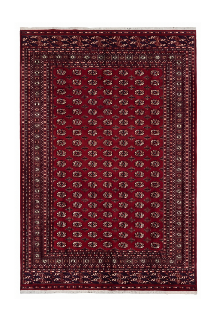 Madder Red Turkmen Gül Bokhara Rug, Hand-Knotted Pakistani Wool